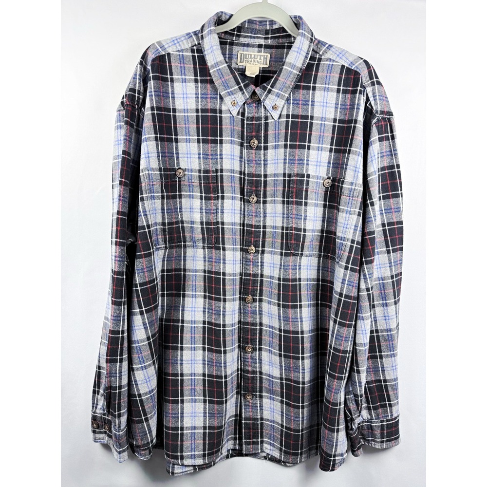 Duluth Trading Co Mens 3XL Plaid Flannel Shirt Gray Blue 100% Cotton Button Up